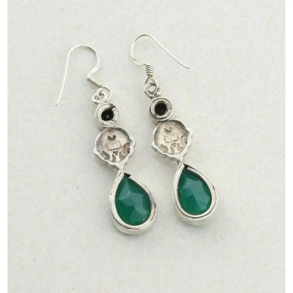 Sterling Silver Garnet and Green Onyx Dangle Drop Earrings - Picture 7 of 7